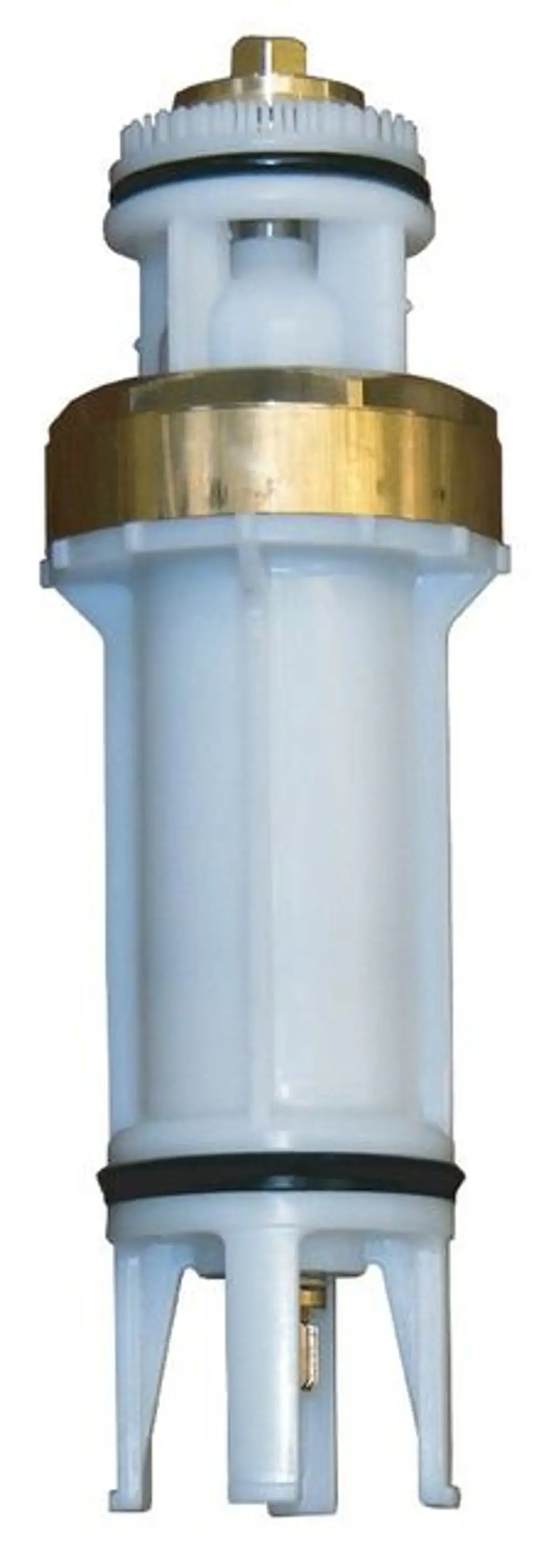 Druckminderer-Patrone aus Kunststoff und Metall für Anwendungen der Marke Syr, mit Anschlussstellen für Wasserleitungen und runden, gewindete Oberteil.